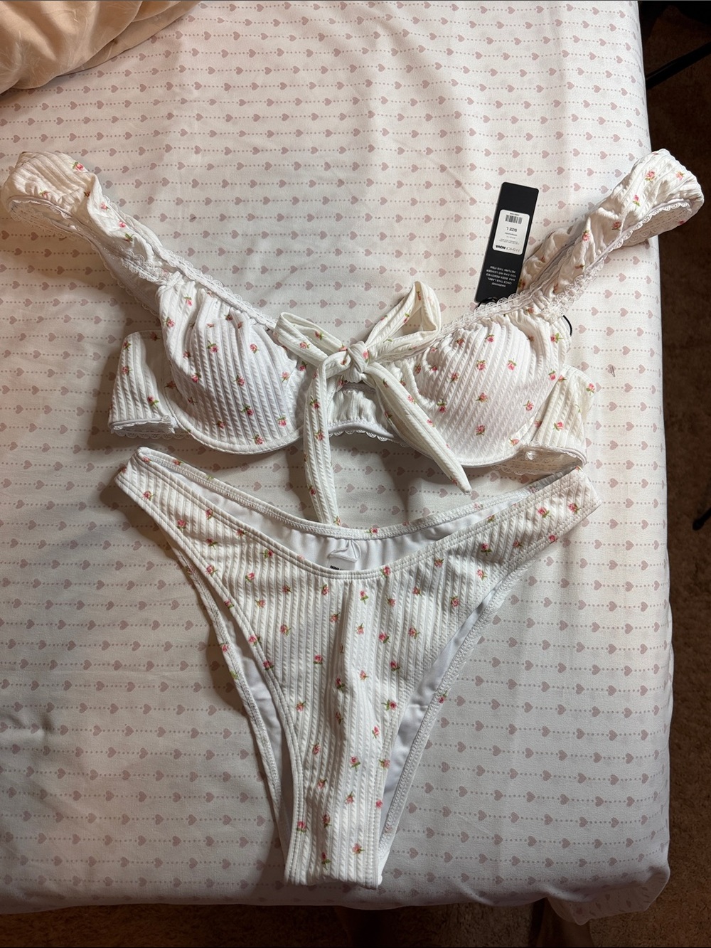 Fashion Nova White Ribbed Floral Underwire Bikini Set with Pink Accents
